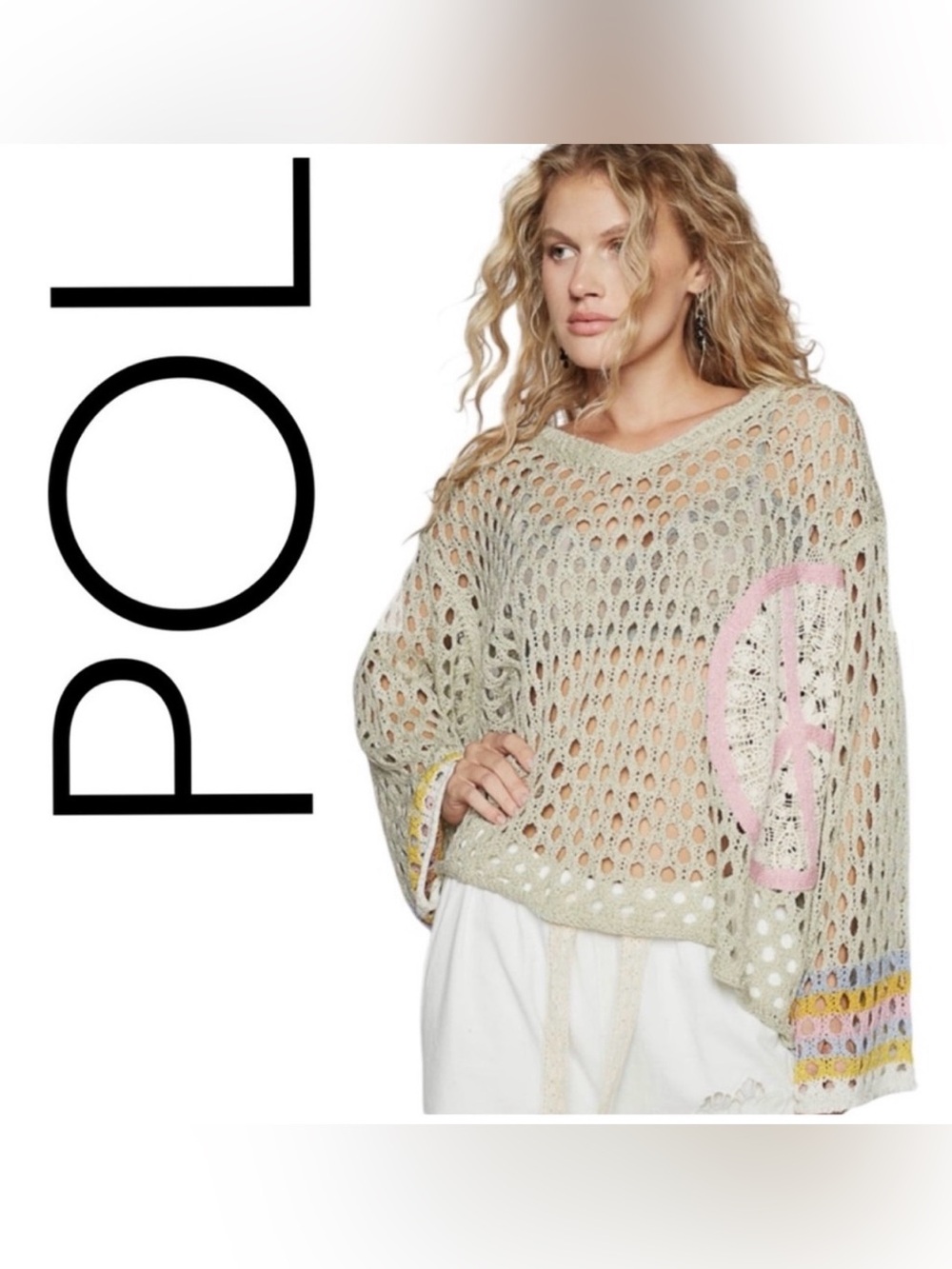 POL Open-Knit V-Neck Sweater in Sage with Pink Peace Motif and Multicolor Cuffs